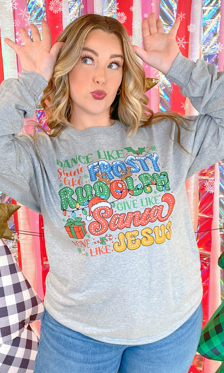 Frosty Rudolph Santa Jesus Christmas Graphic Long Sleeve T-Shirt