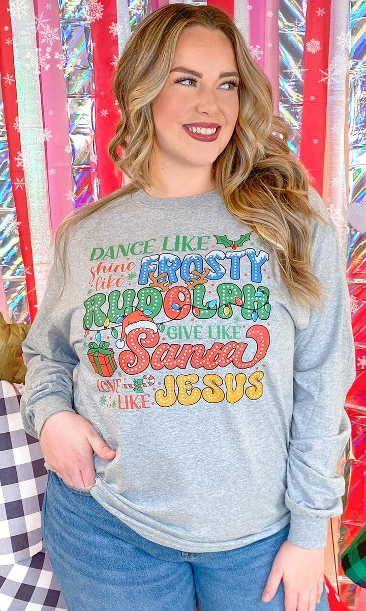 Frosty Rudolph Santa Jesus Christmas Graphic Long Sleeve T-Shirt