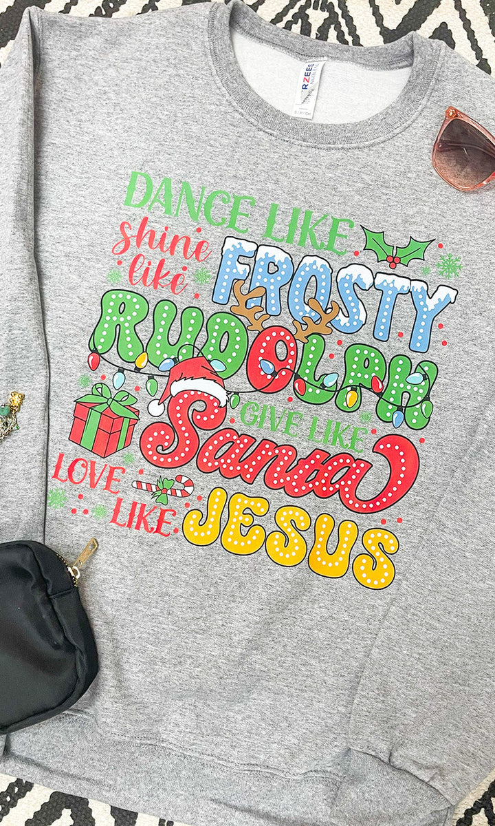 Frosty Rudolph Santa Jesus Christmas Graphic Sweatshirt