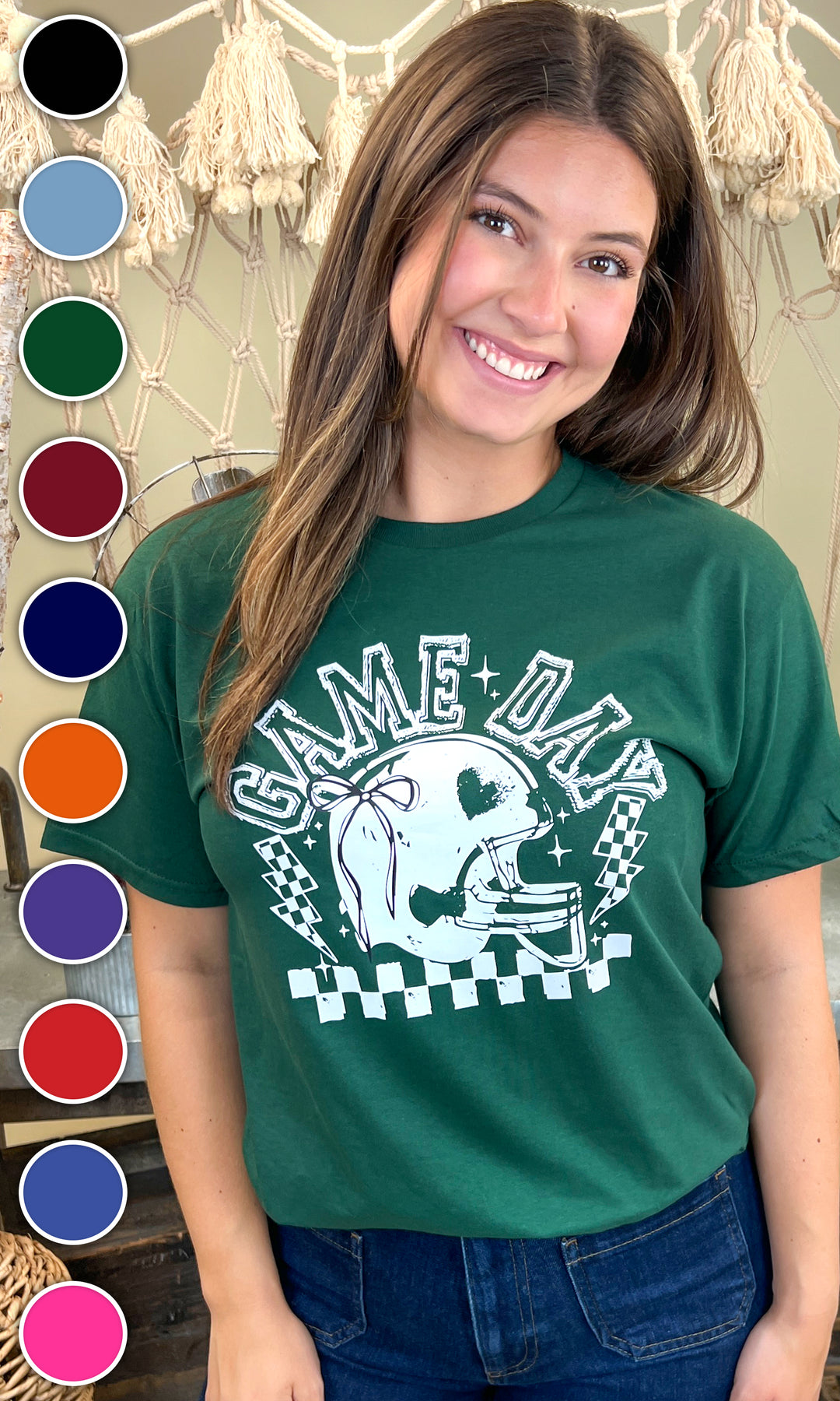 Stylish Game Day Football Bow Graphic T-Shirt on a model, perfect for football fans. Available in multiple colors.