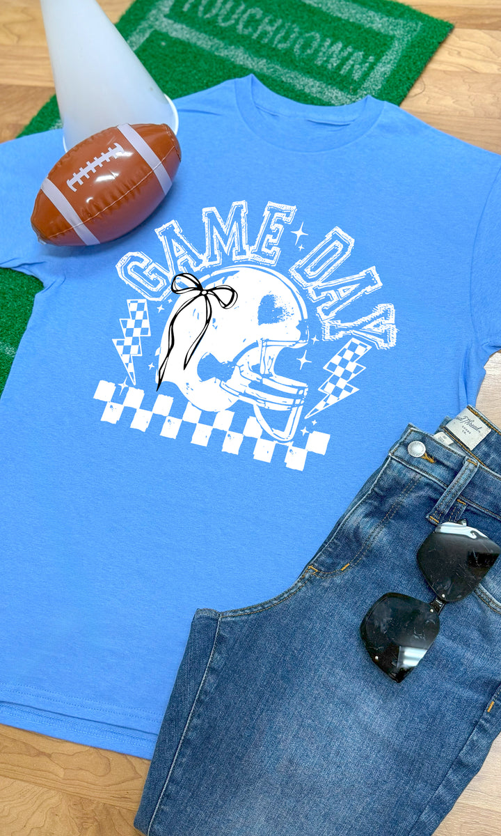 Columbia Blue Game Day Football Bow Graphic T-Shirt paired with denim and sunglasses for a stylish game day look.