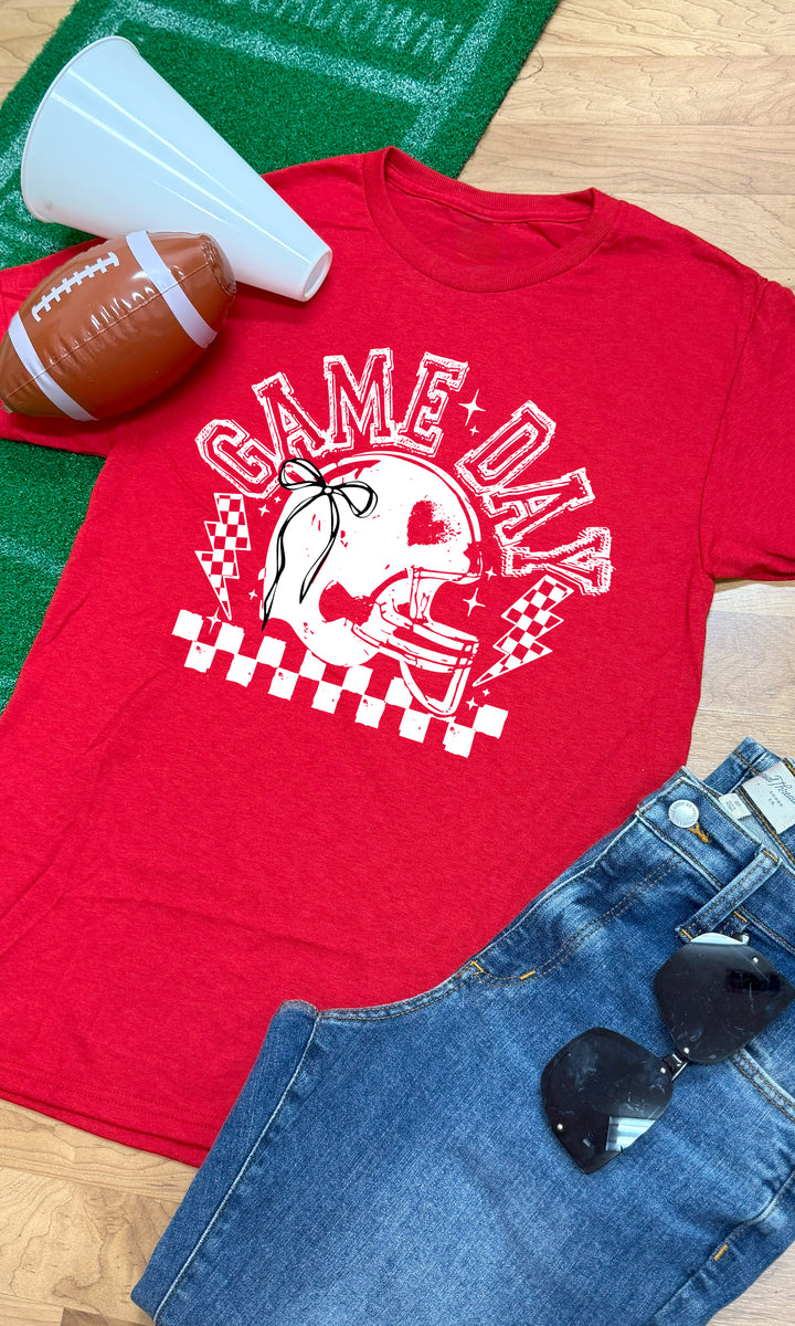 Red Game Day Football Bow Graphic T-Shirt with a fun design, perfect for football fans celebrating game day.