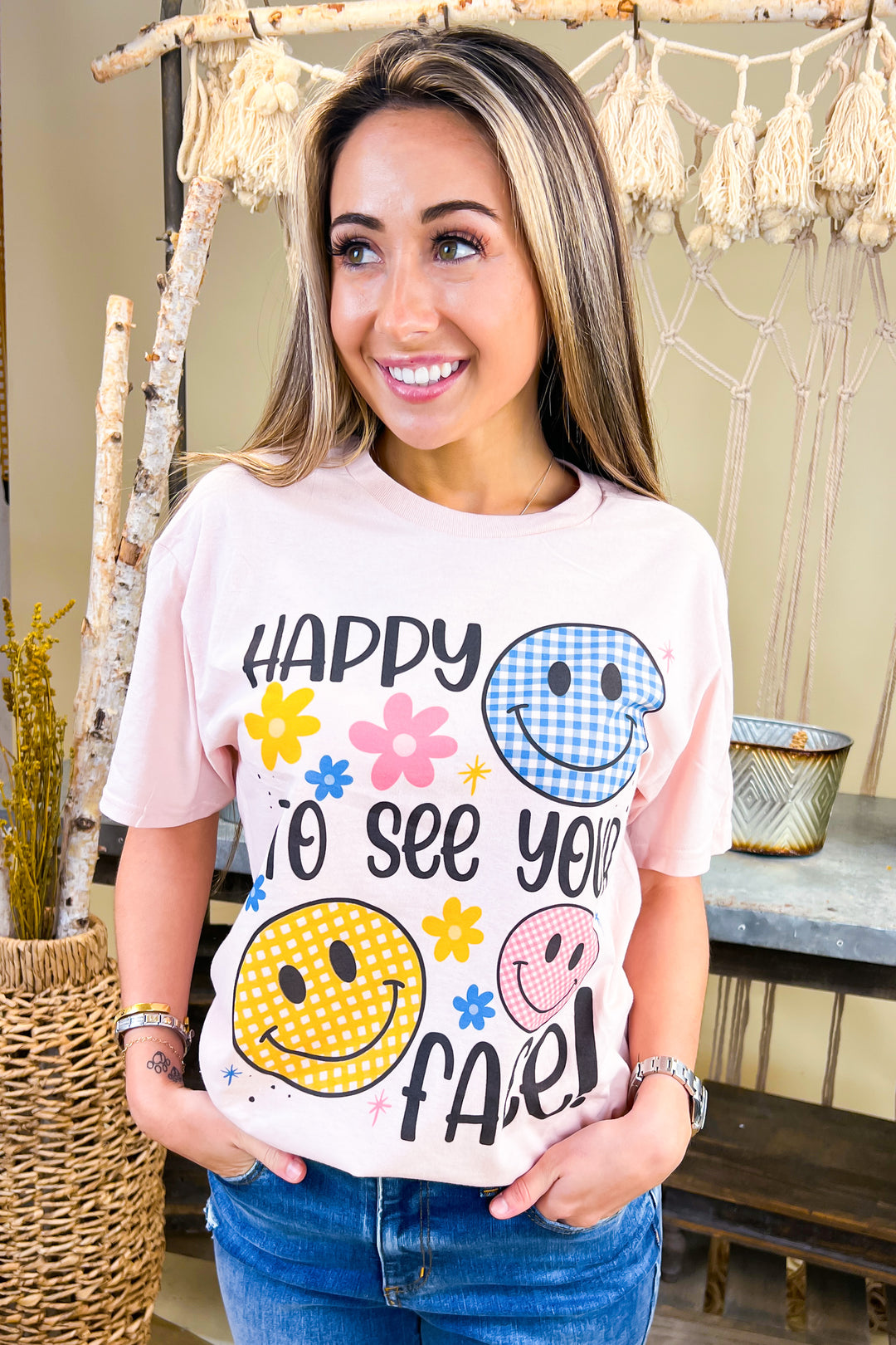 Bright and cheerful, the Happy To See Your Face Graphic Shirt features fun designs perfect for casual wear.
