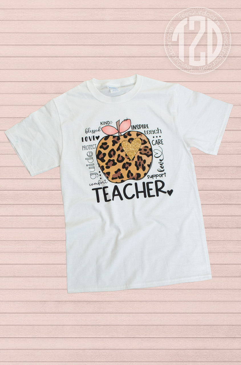 Leopard Glitter Apple Teacher T-Shirt