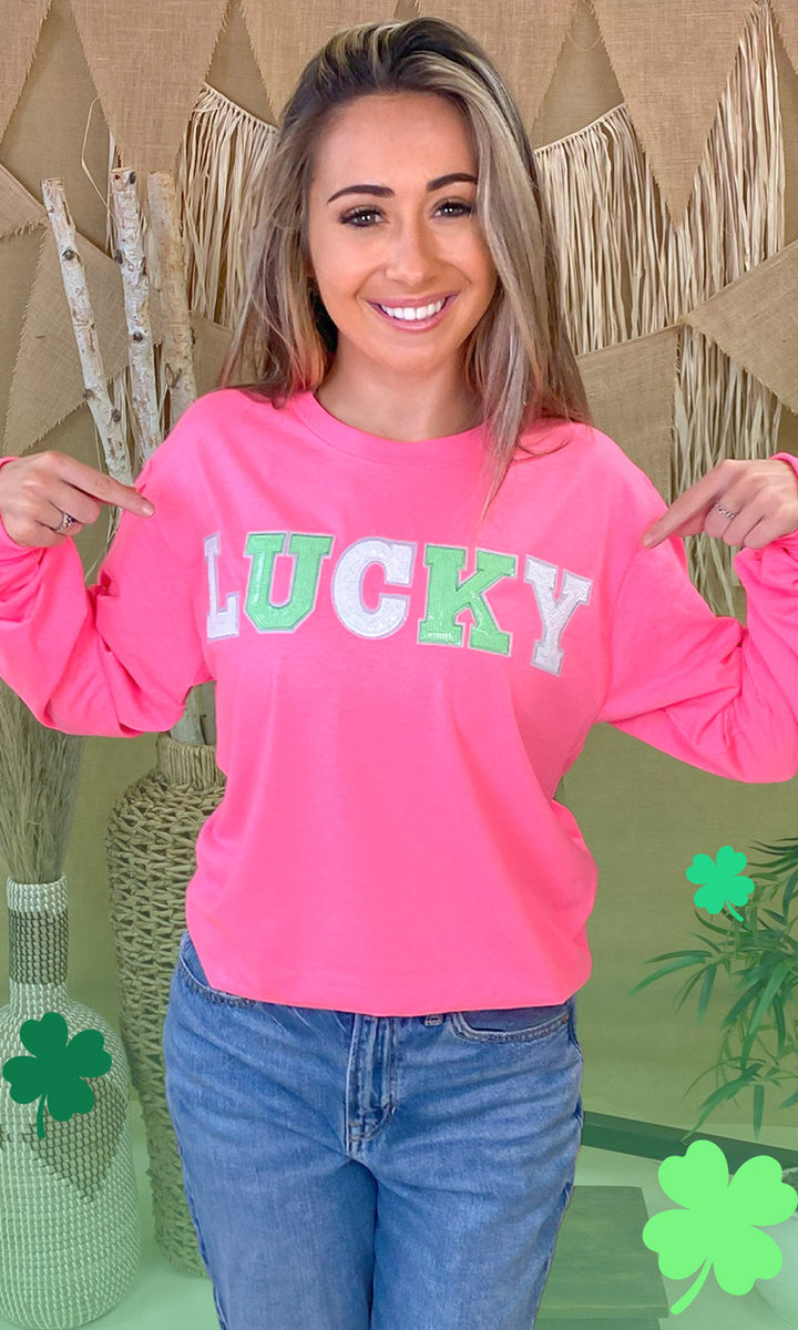 Lucky St Patricks Day Sequin Graphic Long Sleeve Shirt
