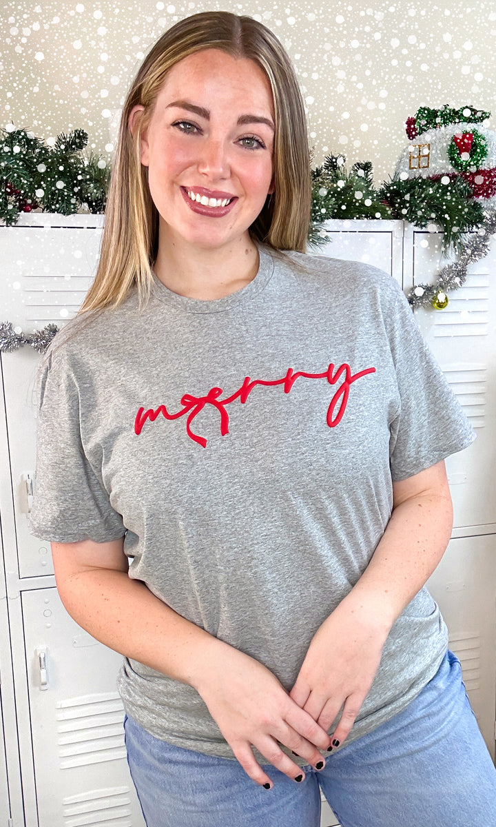 Merry Bow Christmas Puff Graphic T-Shirt