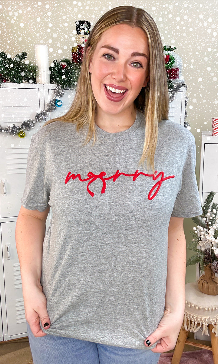 Merry Bow Christmas Puff Graphic T-Shirt
