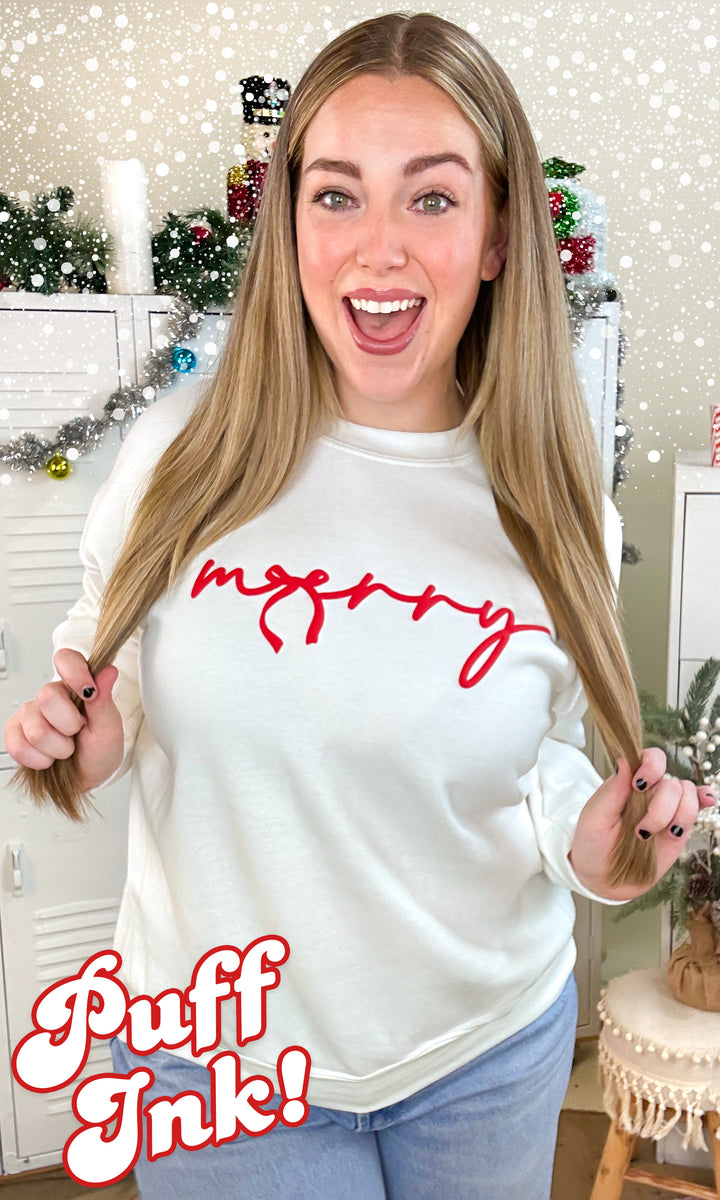 Merry Bow Christmas Puff Graphic Sweatshirt