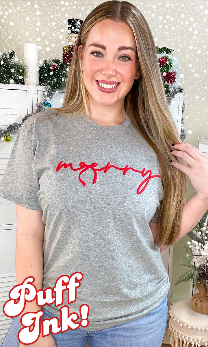 Merry Bow Christmas Puff Graphic T-Shirt