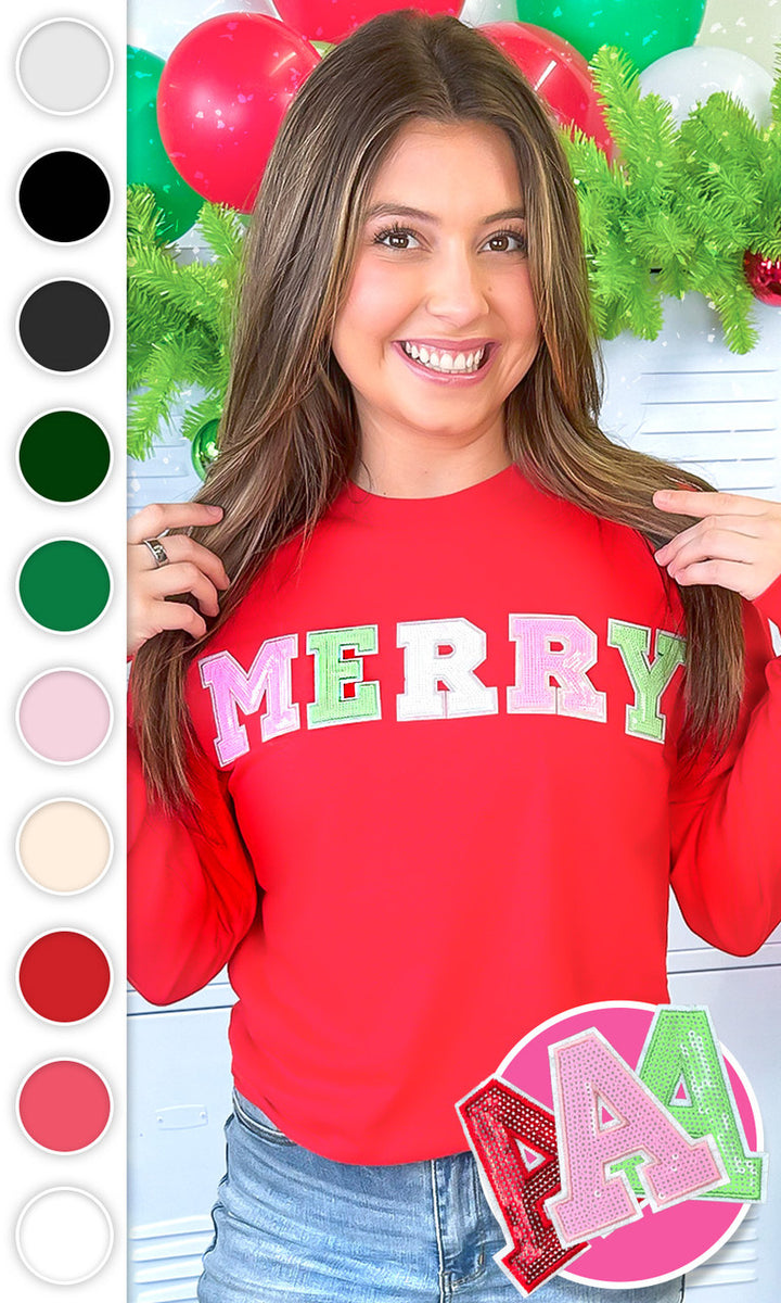 Merry Sequin Christmas Graphic Long Sleeve T-Shirt