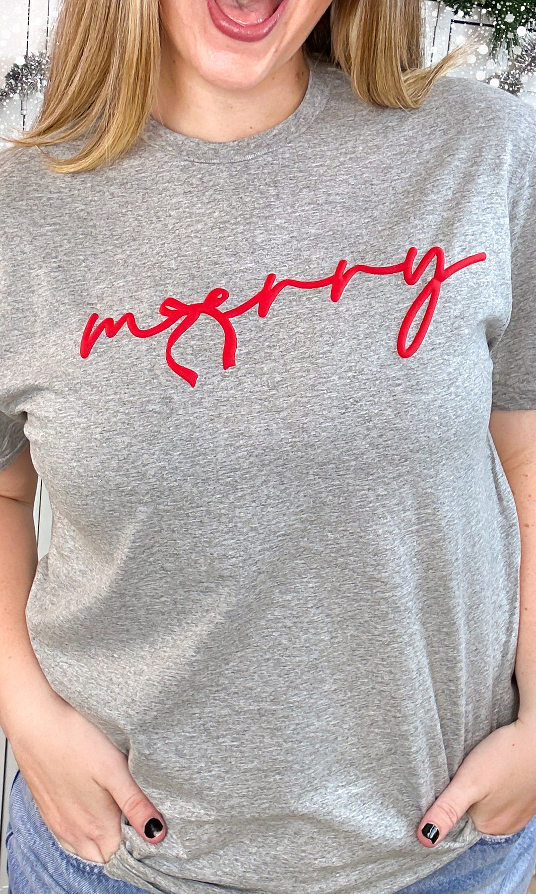 Merry Bow Christmas Puff Graphic T-Shirt