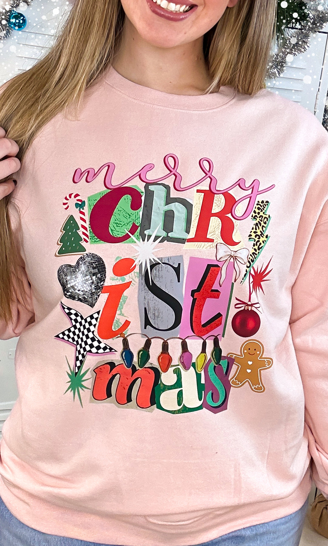 Merry Christmas Newpaper Notes Graphic Sweatshirt