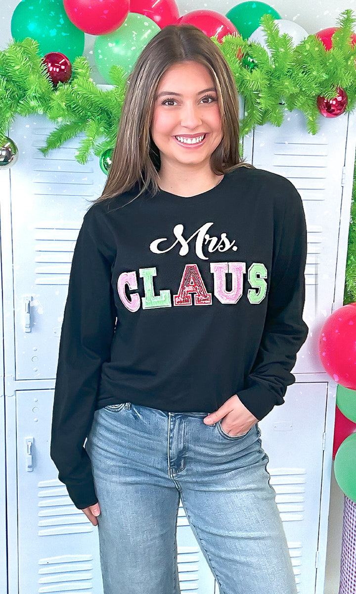 Mrs Claus Sequin Christmas Graphic Long Sleeve T-Shirt