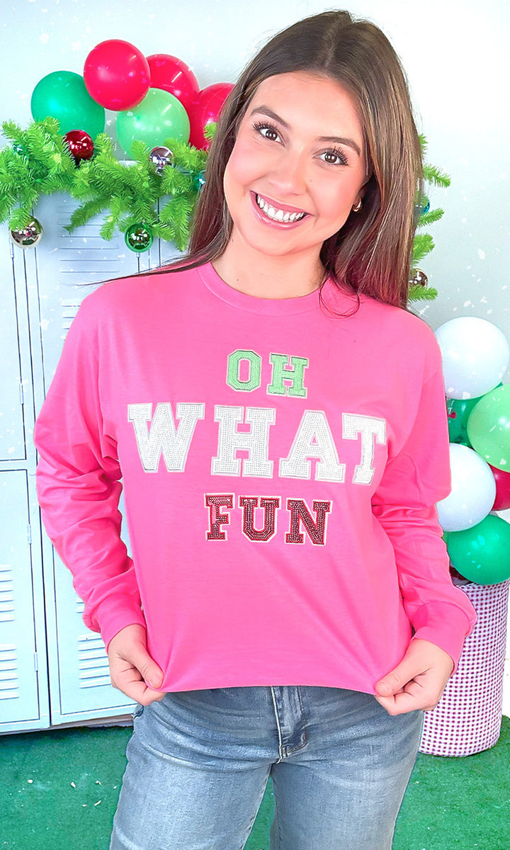 Oh What Fun Sequin Christmas Graphic Long Sleeve T-Shirt