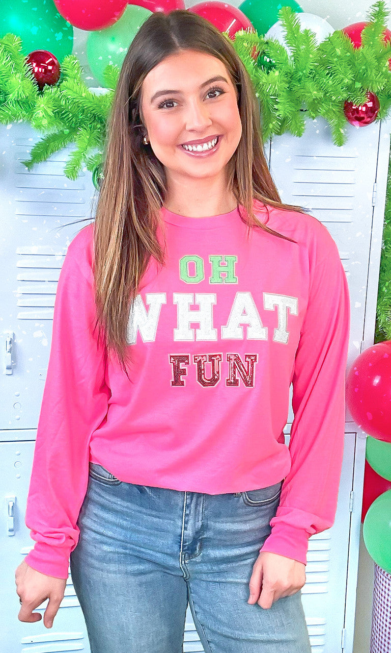 Oh What Fun Sequin Christmas Graphic Long Sleeve T-Shirt