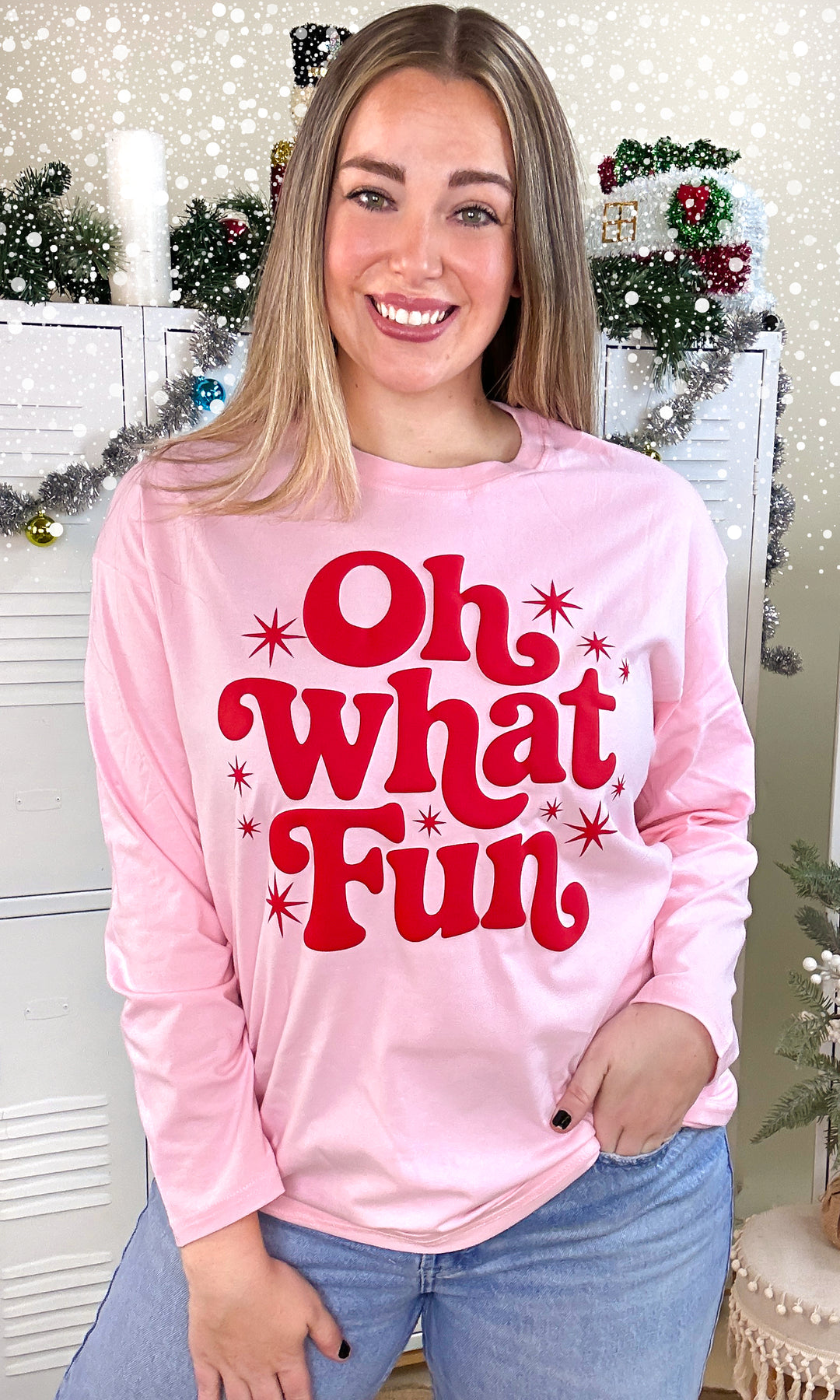 Oh What Fun Christmas Puff BF Long Sleeve Graphic T-Shirt