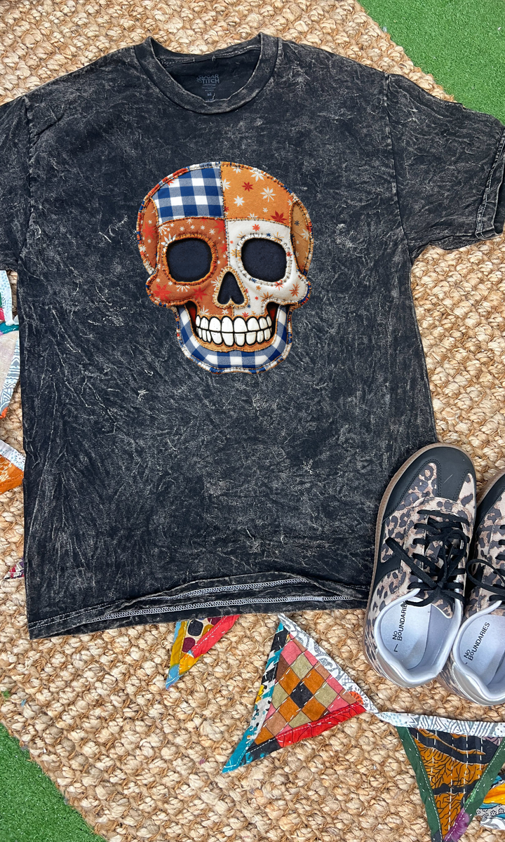 Patchwork Skull Halloween Mineral Washed Graphic Shirt