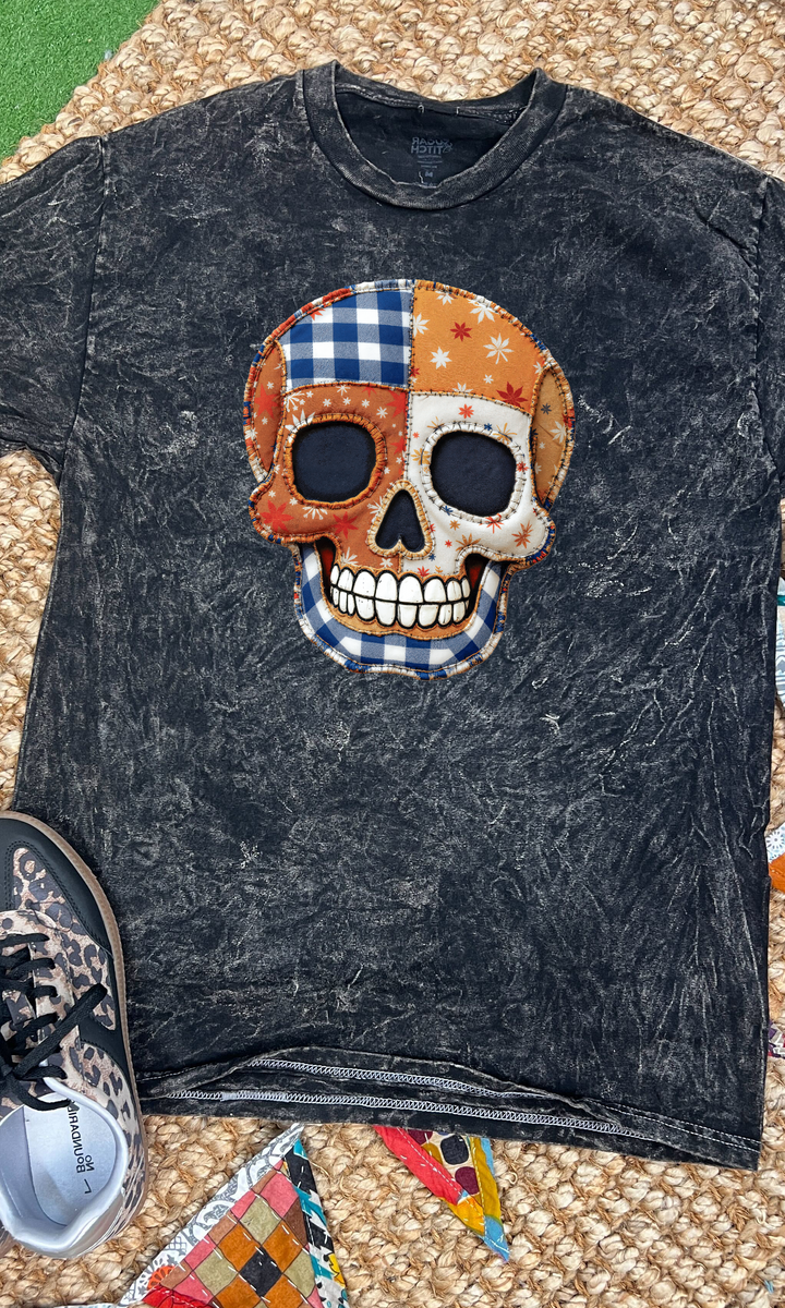 Patchwork Skull Halloween Mineral Washed Graphic Shirt