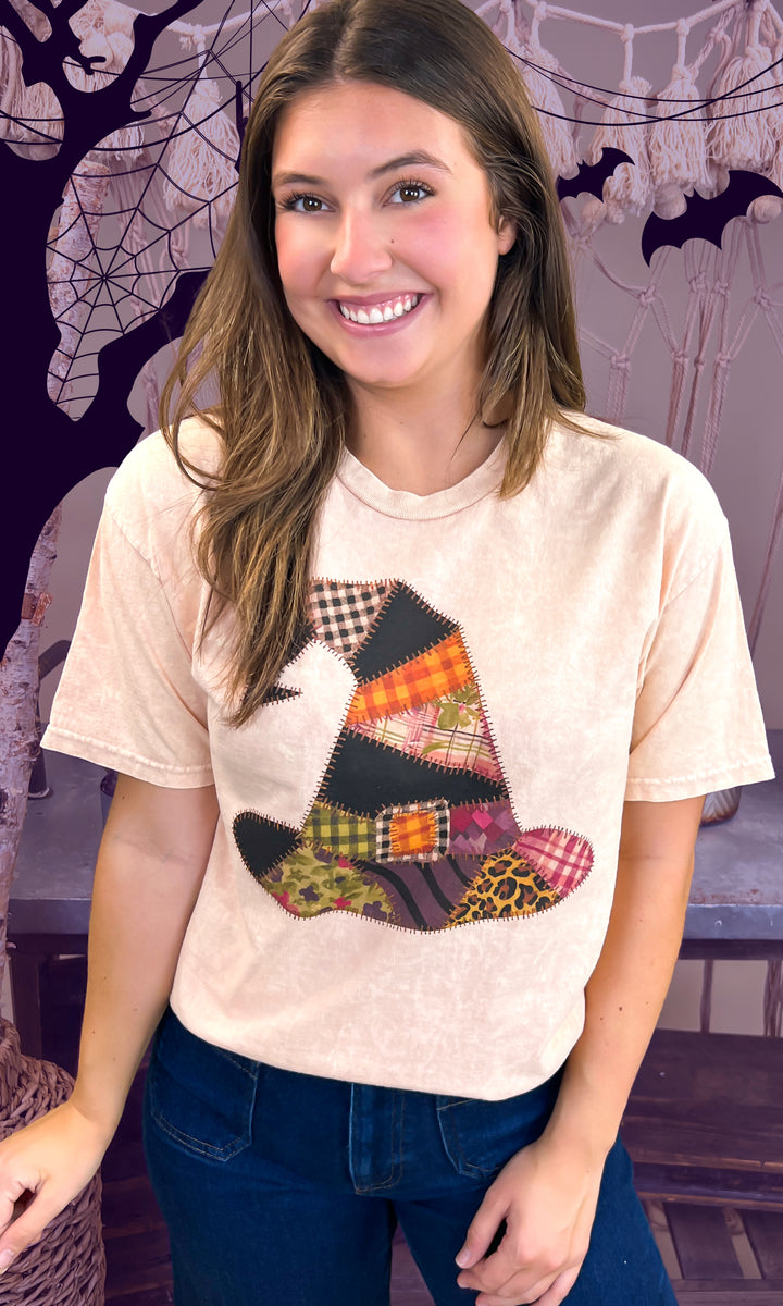 Patchwork Witches Hat Halloween Mineral Washed Graphic Shirt