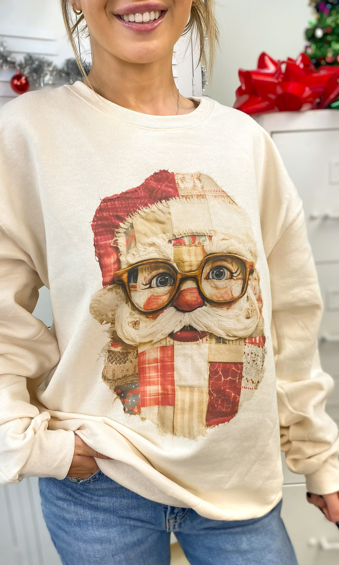 Patchwork Santa Christmas Graphic Sweatshirt