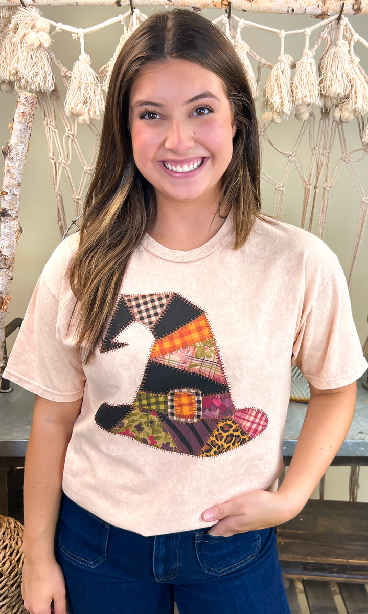 Patchwork Witches Hat Halloween Mineral Washed Graphic Shirt