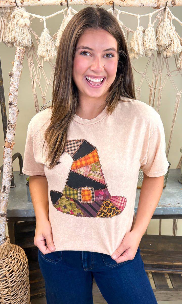 Patchwork Witches Hat Halloween Mineral Washed Graphic Shirt