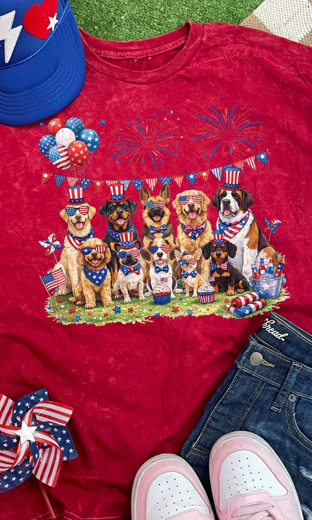 Patriotic Party Puppies Mineral Wash Graphic T-Shirt