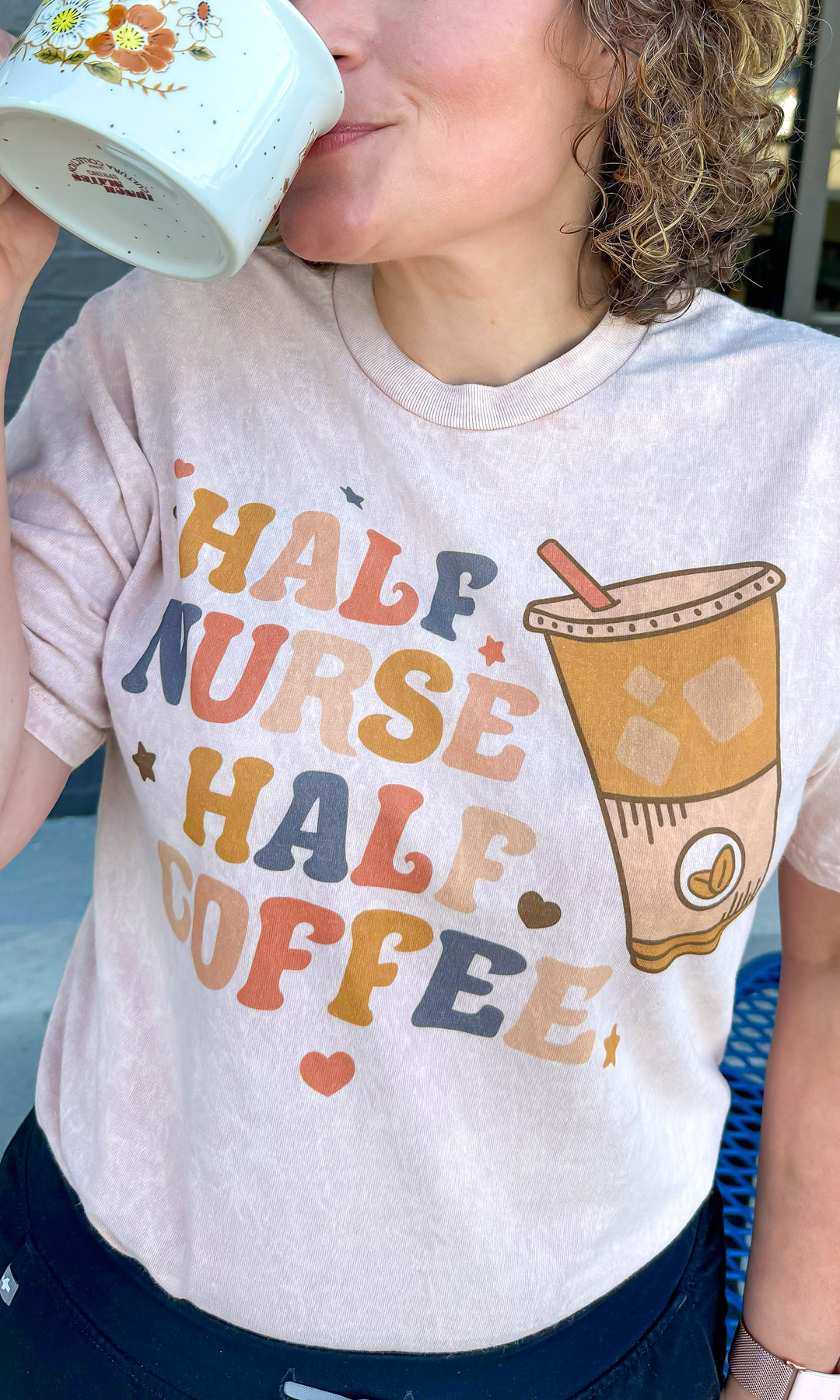 Retro Half Nurse Half Coffee Mineral Wash Graphic T-Shirt