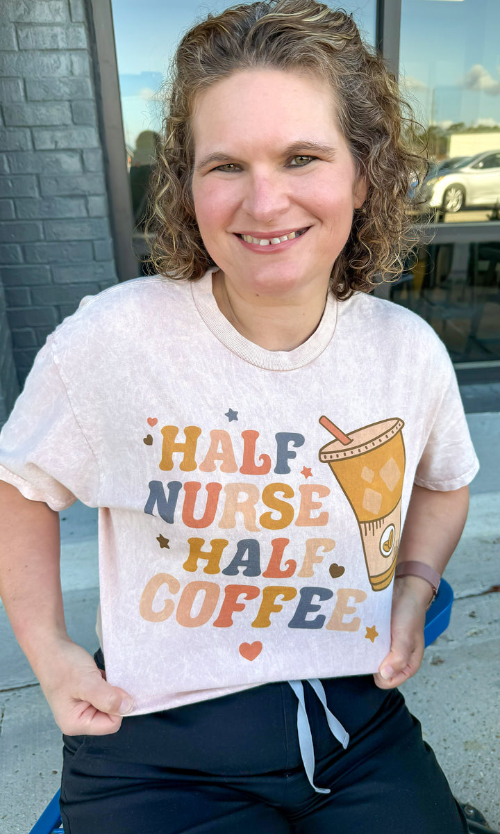 Retro Half Nurse Half Coffee Mineral Wash Graphic T-Shirt