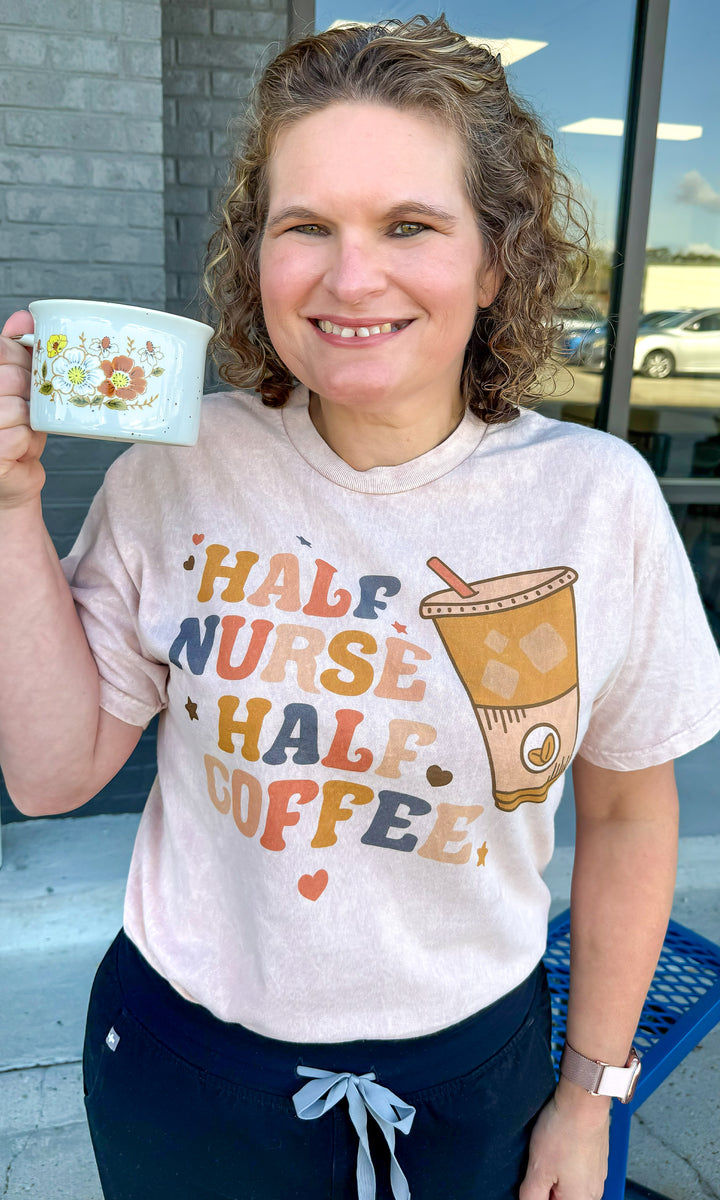 Retro Half Nurse Half Coffee Mineral Wash Graphic T-Shirt
