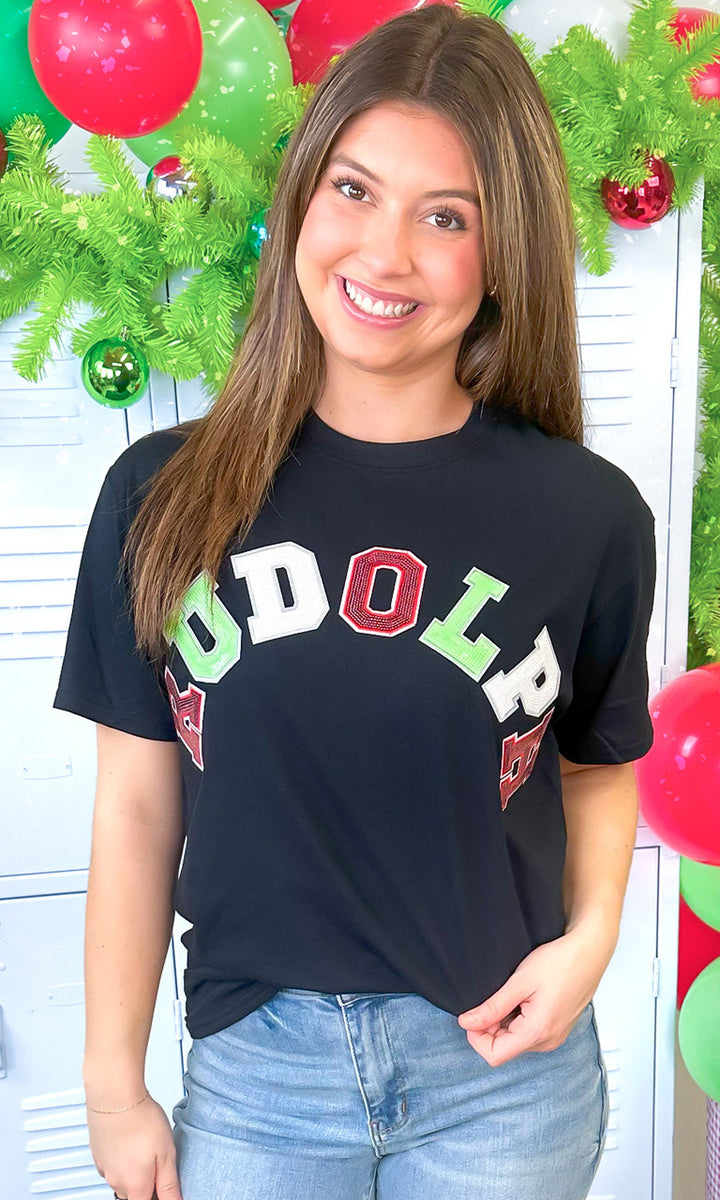 Rudolph Sequin Christmas Graphic T-Shirt
