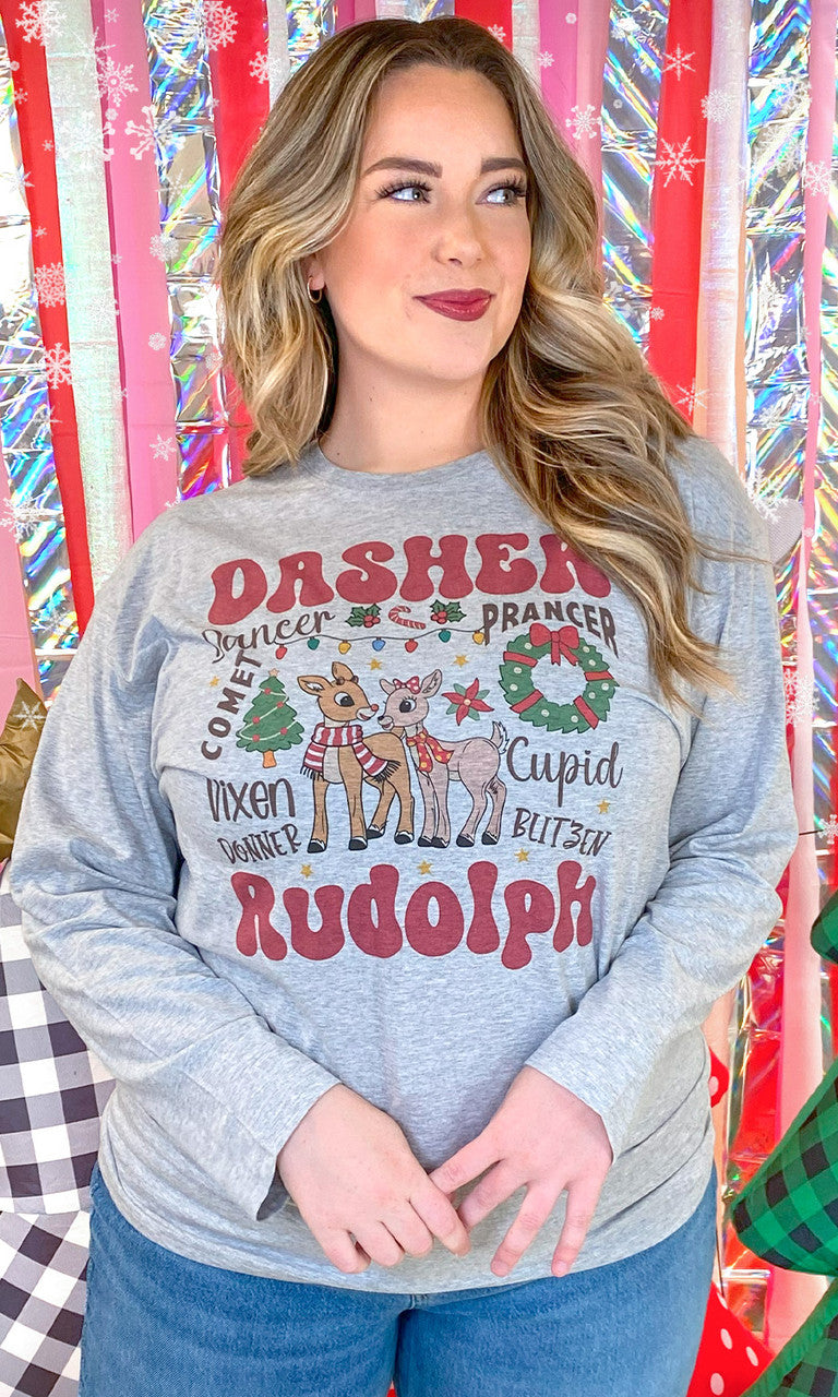 Rudolph and Reindeer Christmas Graphic Long Sleeve T-Shirt