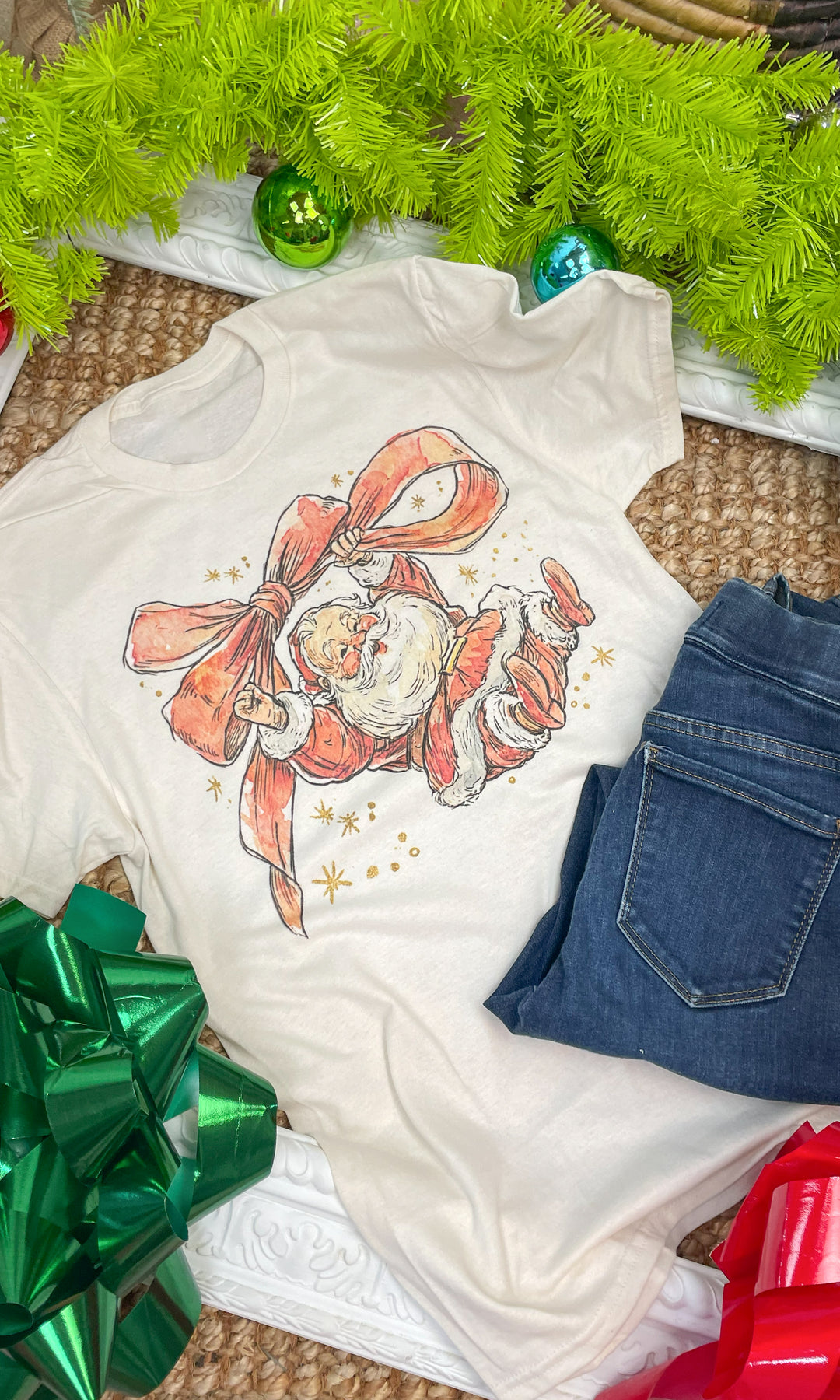 Santa Bow Christmas Graphic T-Shirt
