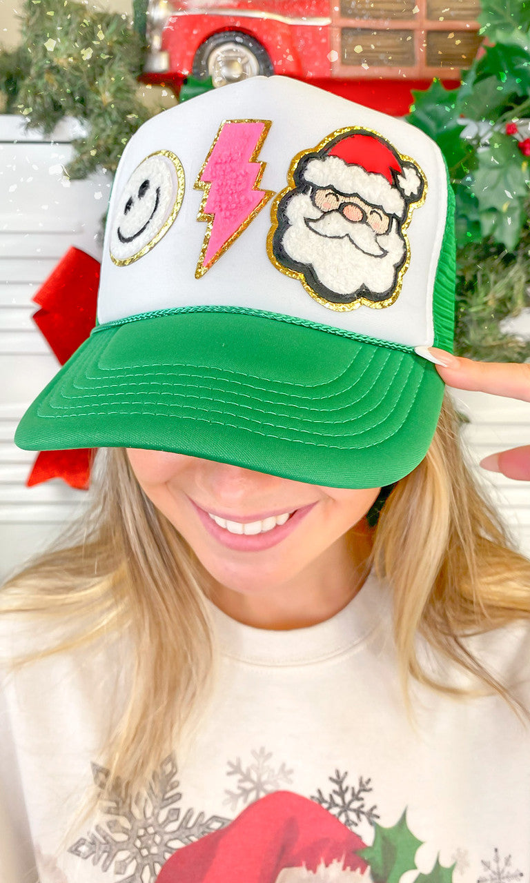 Santa Smiley Chenille Christmas Patch Trucker Hat
