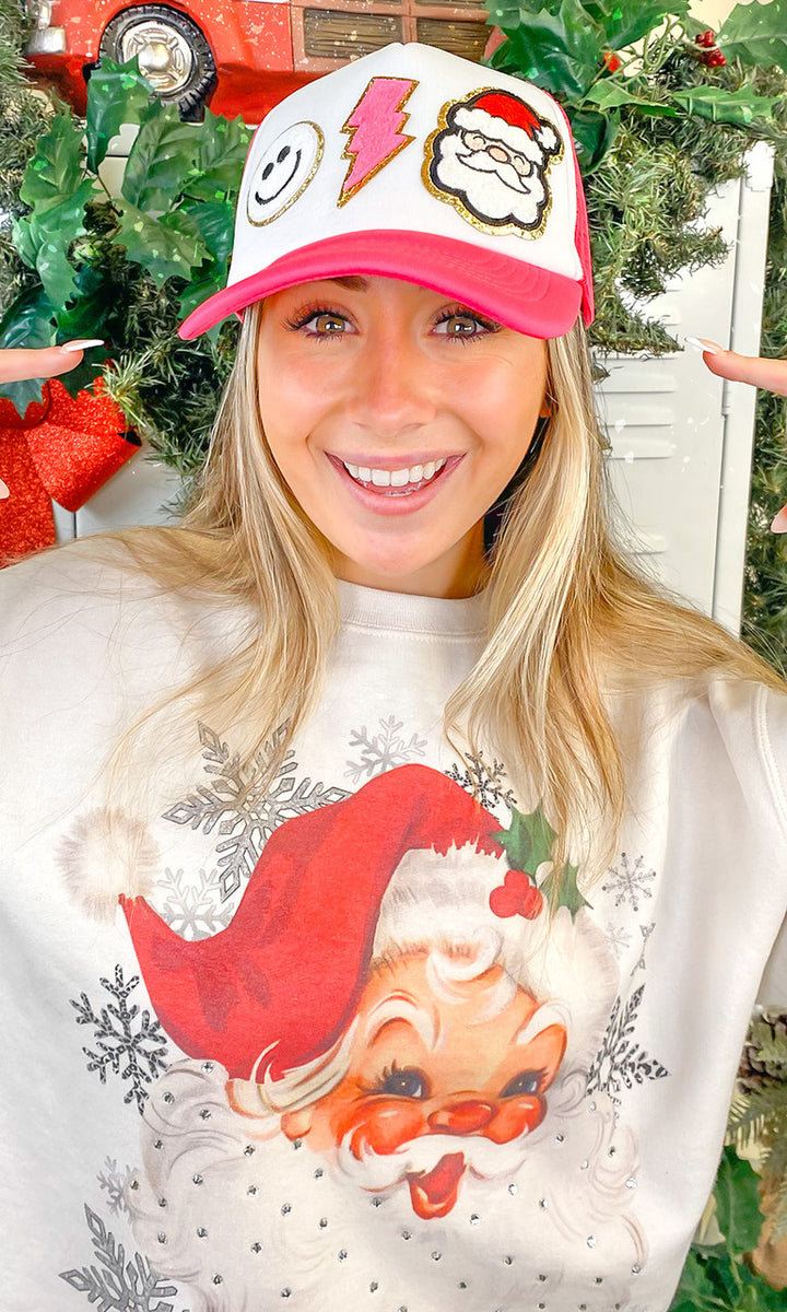 Santa Smiley Chenille Christmas Patch Trucker Hat