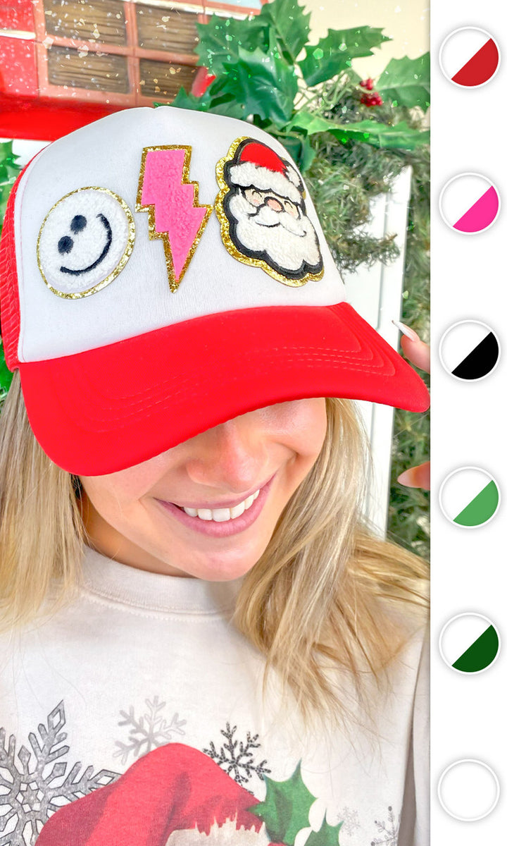 Santa Smiley Chenille Christmas Patch Trucker Hat
