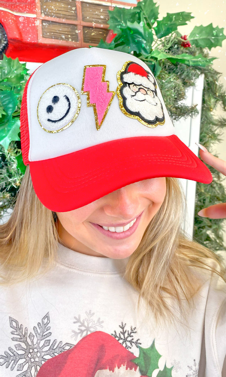 Santa Smiley Chenille Christmas Patch Trucker Hat