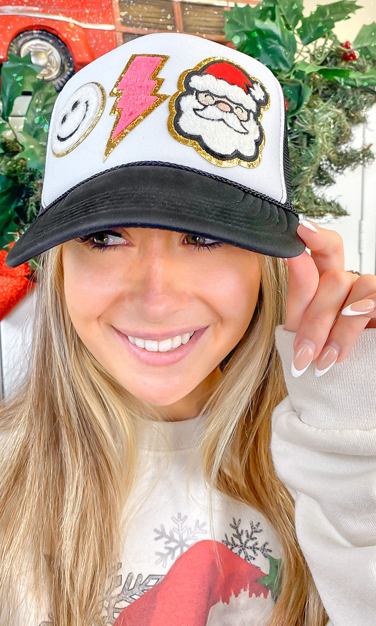 Santa Smiley Chenille Christmas Patch Trucker Hat
