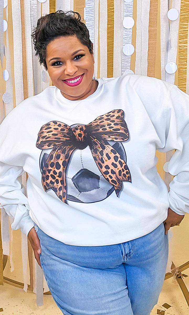 Soccer Cheetah Bow Rhinestone Graphic Sweatshirt
