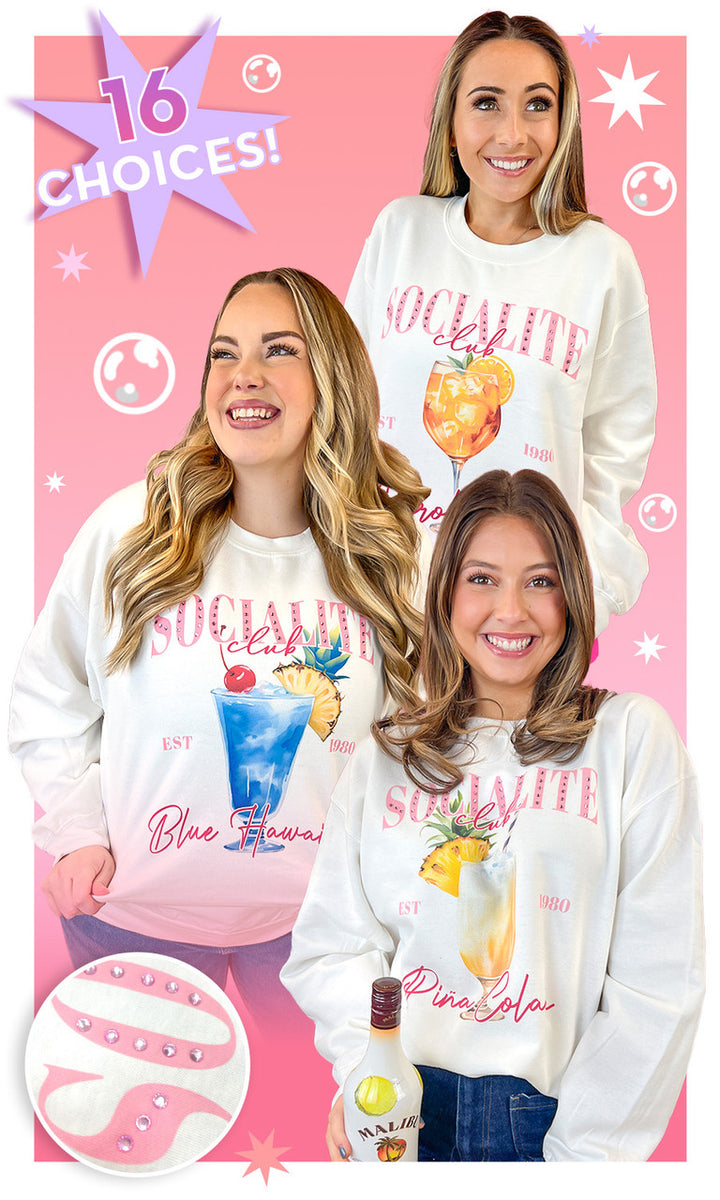 Socialite Drink Club Rhinestone Graphic Sweatshirt