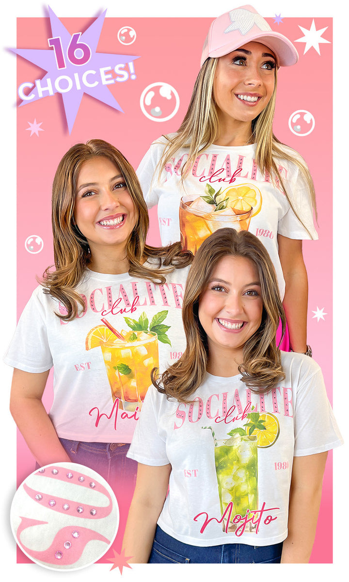 Socialite Drink Club Rhinestone Graphic Crop Top T-Shirt