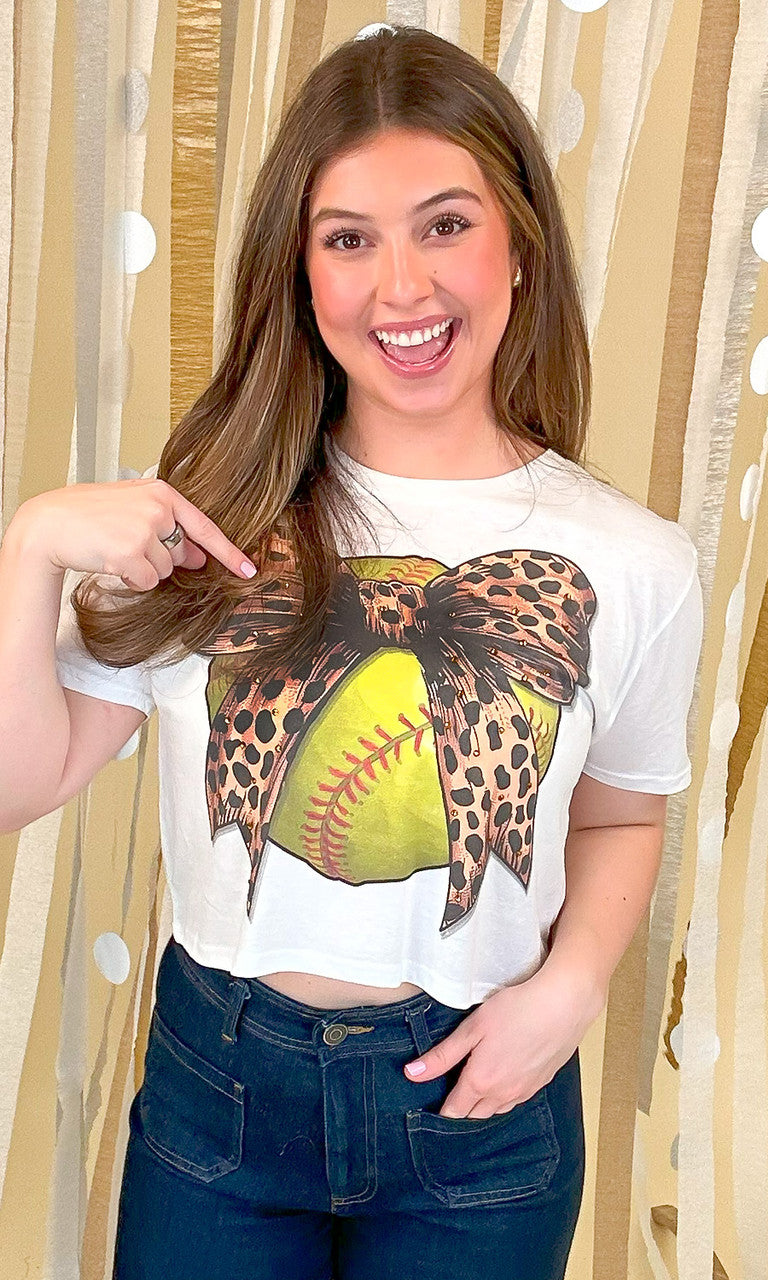 Softball Cheetah Bow Rhinestone Graphic Crop Top Shirt