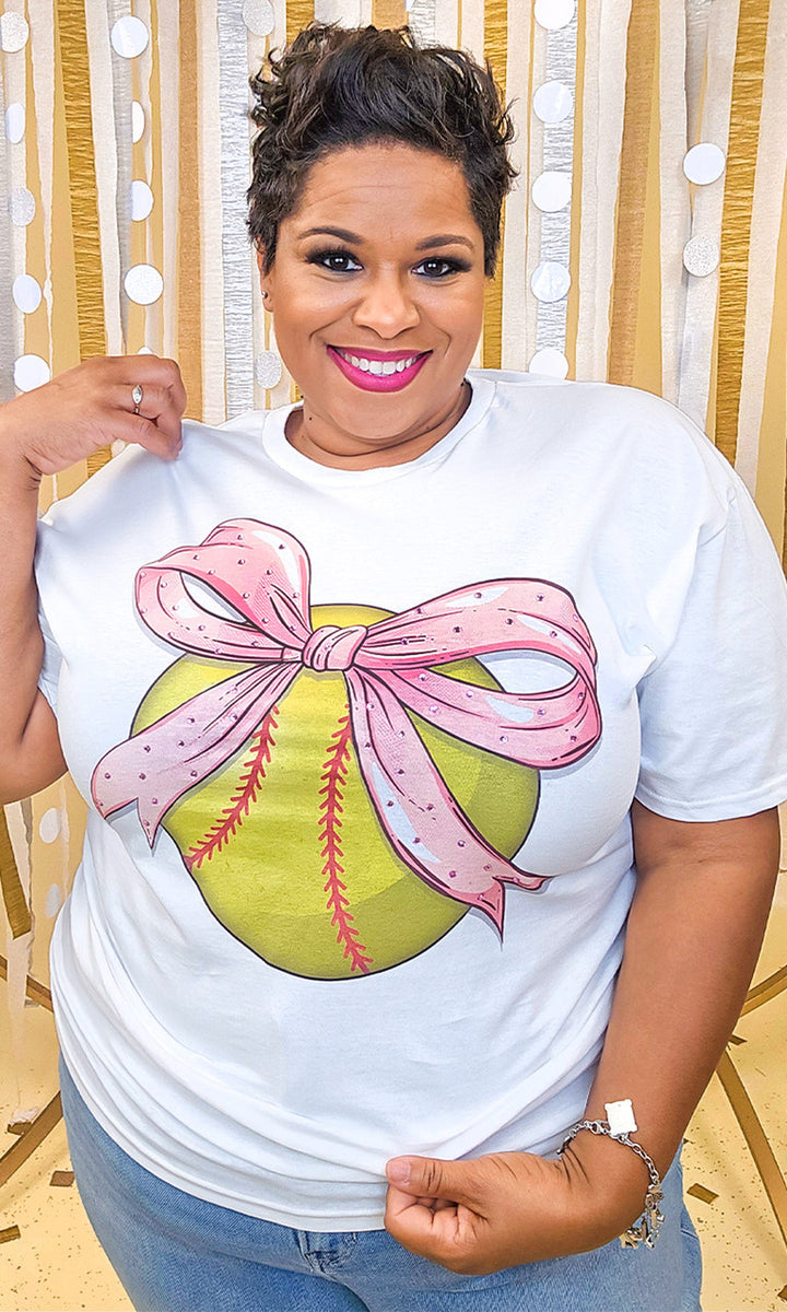 Softball Pink Bow Rhinestone Graphic Shirt