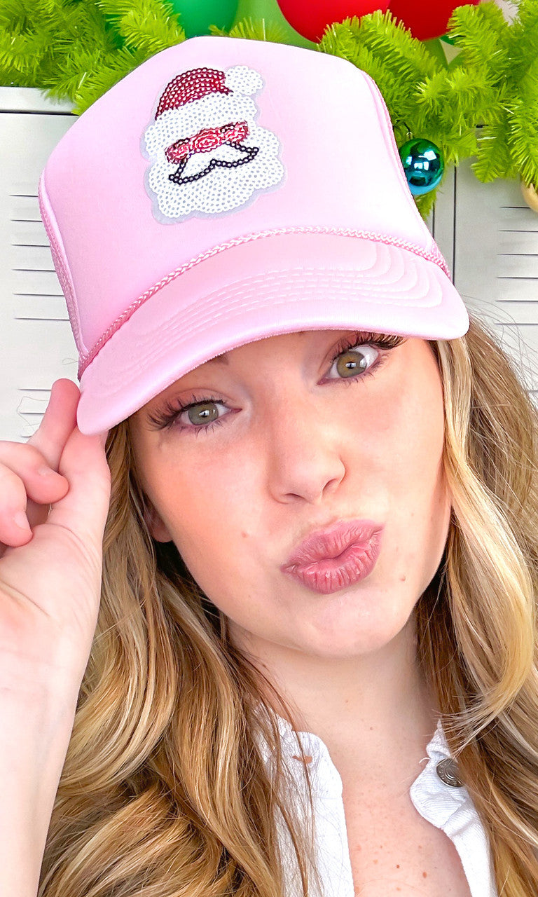 Sparkle Santa Face Sequin Trucker Hat