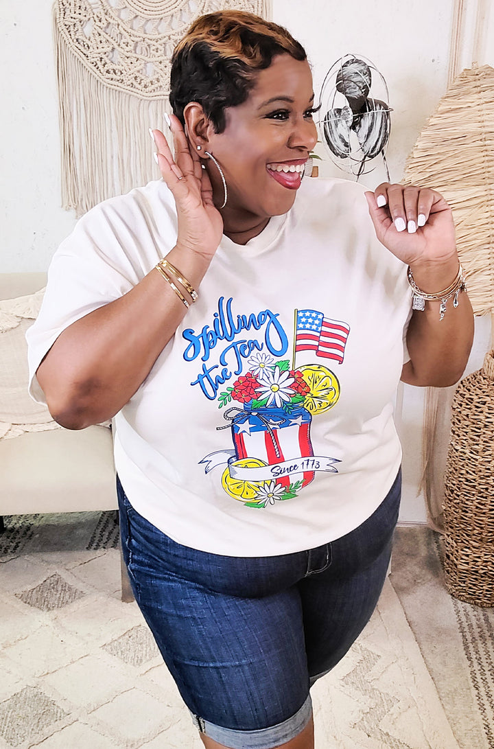 Spilling The Tea Patriotic Graphic T-Shirt