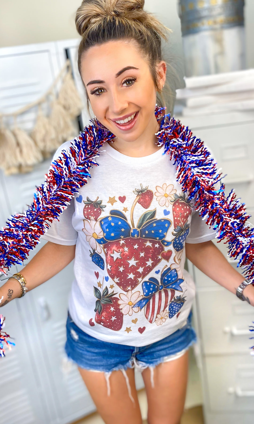 Stars and Stripes Strawberry Patriotic Graphic T-Shirt