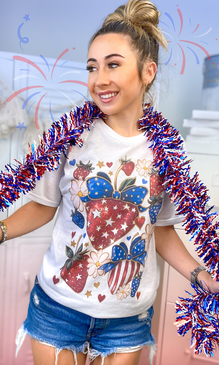Stars and Stripes Strawberry Patriotic Graphic T-Shirt