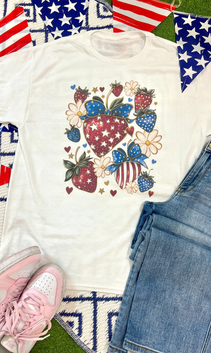 Stars and Stripes Strawberry Patriotic Graphic T-Shirt