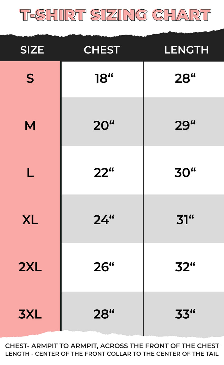 T-shirt sizing chart for the Happy To See Your Face Graphic Shirt, including sizes S-3X for perfect fit.