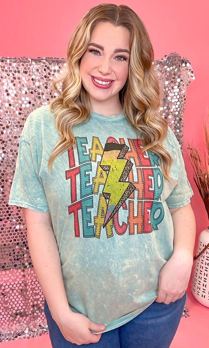 Teacher Stack Lightening Bolt Mineral Washed Graphic Shirt